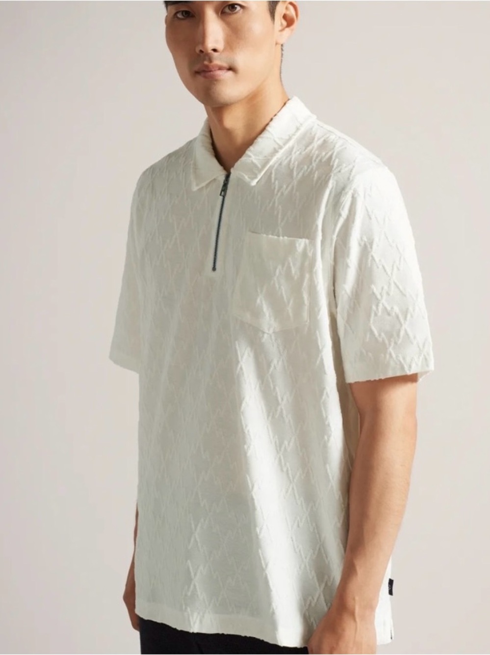 Ted Baker White Textured Short-Sleeve Half-Zip Polo